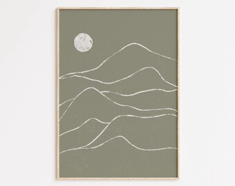 Groene berg print, moderne bergkunst, berglandschap muurkunst, berg lijn kunst decor, groene minimalistische muur decor, natuurposter