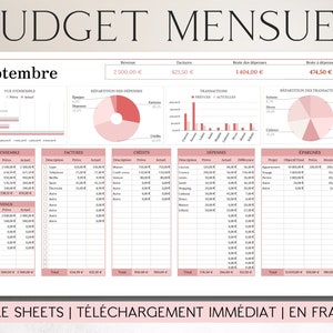 MONTHLY BUDGET PLANNER in French/Pink | Google Sheets | Planner Budget Template Finance Tracker Budget Spreadsheet Financial Planner