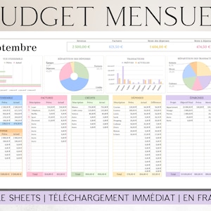PIANIFICATORE MENSILE DI BILANCIO in francese/pastello | Fogli Google | Modello di budget pianificatore Tracker finanziario Foglio di calcolo del budget Pianificatore finanziario