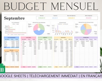 May include: A printable budget spreadsheet template in Google Sheets for tracking monthly income and expenses. The spreadsheet is color-coded with pink, green, and blue, and includes sections for income, expenses, savings, and credit. The spreadsheet is titled "Budget Mensuel" and "Septembre".