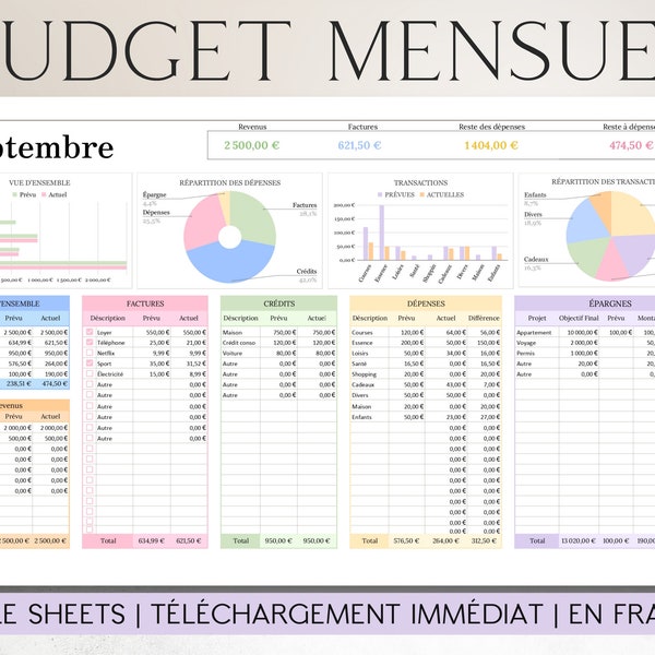 PLANNER BUDGET MENSUEL en Français/Pastel | Google Sheets | Planner Budget Modèle Finance Tracker Budget Tableur Planificateur financier