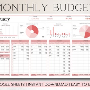 May include: A digital monthly budget template for January, featuring sections for income, bills, expenses, and savings. The template includes charts and tables for tracking finances, with a focus on spending breakdowns and financial planning. Text on the image reads "MONTHLY BUDGET".
