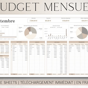MONTHLY BUDGET PLANNER in French/Beige | Google Sheets | Planner Budget Template Finance Tracker Budget Spreadsheet Financial Planner