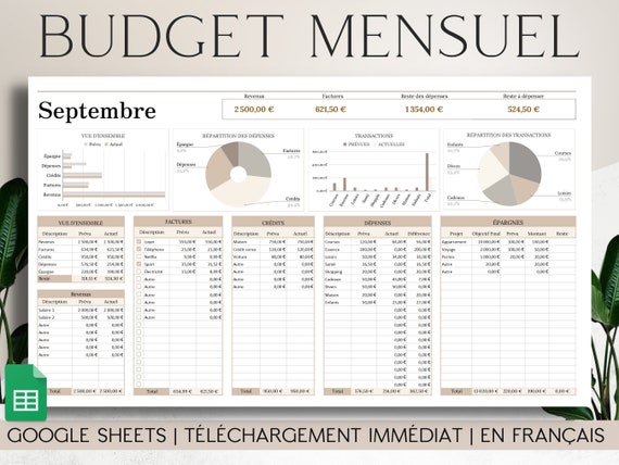 MONTHLY BUDGET PLANNER in French/beige Google Sheets Budget Planner Finance  Template Budget Tracker Spreadsheet Financial Planner 