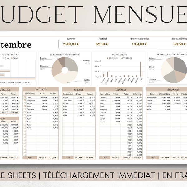 PLANNER BUDGET MENSUEL en Français/Beige | Google Sheets | Planner Budget Modèle Finance Tracker Budget Tableur Planificateur financier