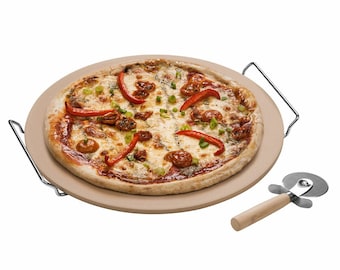 38Cm Pizza Serving Cutting Chopping Stoneware Board Chrome Handles Cutter Set