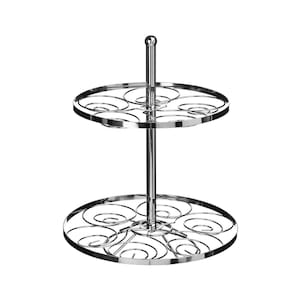 May include: A two-tiered chrome metal stand with a round base and top. Each tier has a circular design with multiple swirls to hold bottles.