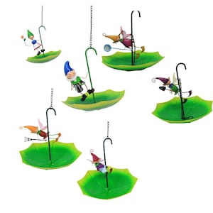 May include: Five hanging bird feeders shaped like green umbrellas with whimsical gnomes and fairies perched on the edge of each umbrella.