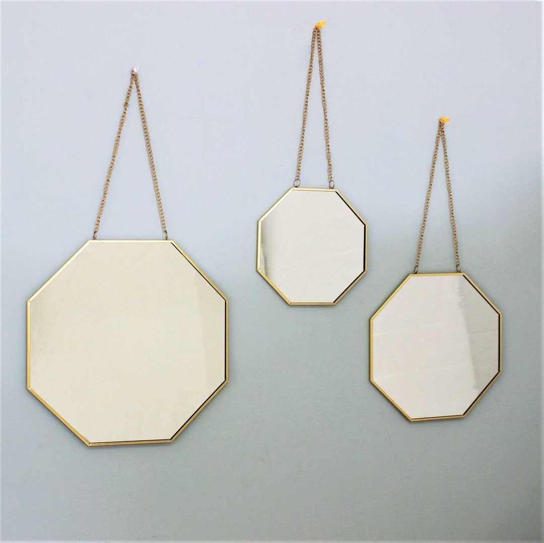 Set of 3 Octagonal Geometric Mirror Wall Hanging Golden Frame Home