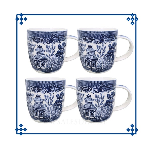 4er-Set Blue Willow 340ml Oriental Barrel Kaffeebecher Vintage Kaffeetasse