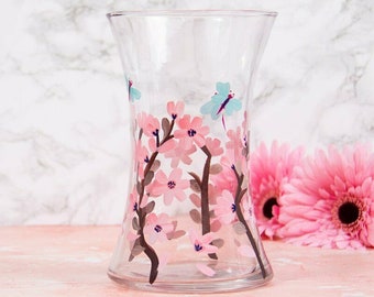 Blossom & Dragonfly Clear Glass Vase Flowers Floral Handpaint Nature Decoration