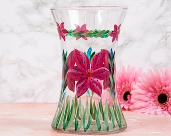 Red Lily Clear Glass Vase Flowers Floral Handpaint Nature Decoration Gift Idea