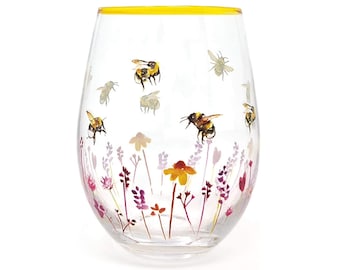 Busy Bees Stemless Glass Liquor Gin Cocktail Flowers Floral Gift Idea for Women