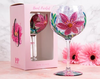 Hand Painted Lily Flowers Design Cocktail Gin Tonic Wine Balloon Drinking Glass