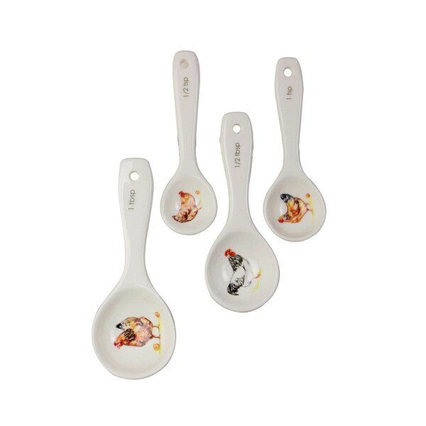 Set of 4 Country Life Ceramic Measuring Spoons Watercolour Chickens Print Design