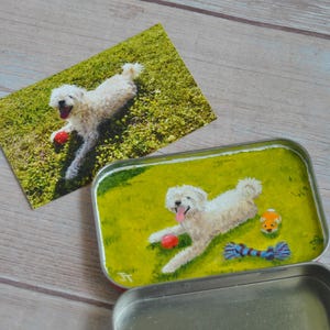 May include: A small, open metal tin with a painted scene of a white dog playing on green grass with a red ball, a toy mouse, and a blue rope toy. A postcard with the same image is next to the tin.