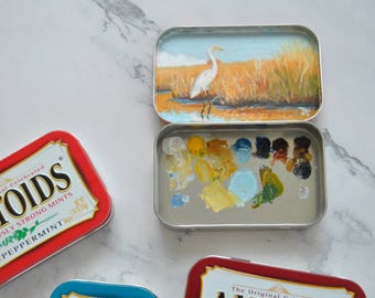 Peinture miniature dans de l'étain altoïde - Petite oeuvre d'art originale - Huile sur héron dans les marais