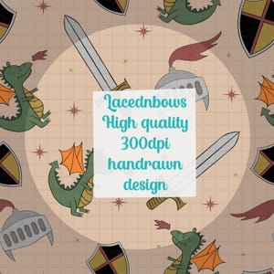 Dragon & Knight seamless pattern png digital design 300 dpi instant download digital papers vinyl fabric blankets surface design boy girl