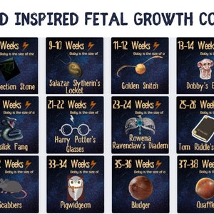 Comparación de crecimiento fetal inspirada en HP, tamaño de la panza del bebé, tarjetas de hitos del embarazo, comparación digital de la panza con el tamaño del bebé
