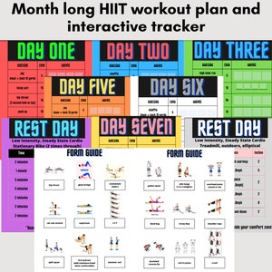 May include: A printable workout plan for a month-long HIIT routine. The plan includes seven days of workouts, with rest days on days four and eight. Each day includes a list of exercises with the number of reps and sets to complete. The plan also includes a form guide with illustrations of proper form for each exercise.