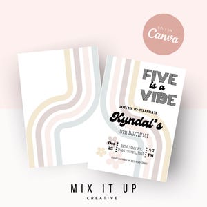 Five is a Vibe Party Invitation, Girl 5th Birthday, Canva Editable Template, Pastel Rainbow Party