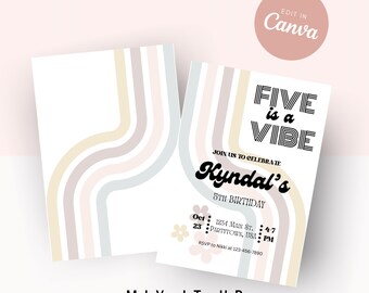 Invitación a fiesta Five is a Vibe, quinto cumpleaños de niña, plantilla editable de Canva, fiesta de arcoíris pastel
