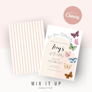 May include: A pink and white striped background with a white card overlayed on top. The card has a pink and white watercolor butterfly design with the text "One Year Fluttered By" and "Zoey's 1st Birthday". The card also includes the date "March 16" and the time "12 NOON".
