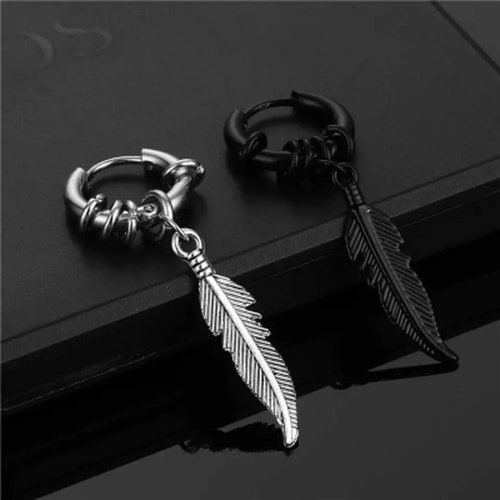 Men Earrings Feather Dangle Earrings Feather Pendant Hoop Etsy