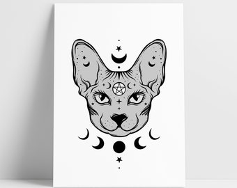Witchy Sphynx Katze Kunstdruck - Gothic Home Decor
