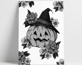 Impression d'art floral citrouille chapeau de sorcière - décoration gothique d'Halloween
