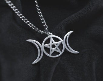Stainless Steel Triple Moon Pentagram Necklace - Gothic Witch Jewelry