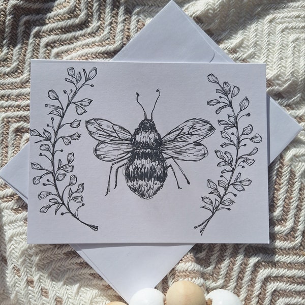 Bumblebee greeting card, hand-drawn, 4x6" with blank inside, envelope included, minimalist, simple, black and white