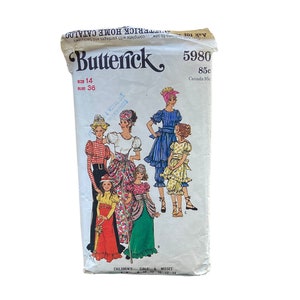 May include: A vintage sewing pattern for a dress with a floral print. The pattern is for sizes 10-14 and includes instructions for making a dress for children, girls, and misses. The pattern is from Butterick and is number 5980.