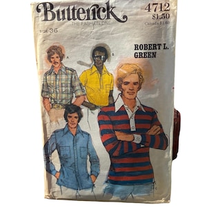 May include: A vintage sewing pattern envelope for men's shirts. The pattern is by Butterick, number 4712, and designed by Robert L. Green. The envelope shows three different shirt styles: a plaid shirt, a yellow polo shirt, and a striped long-sleeve shirt.