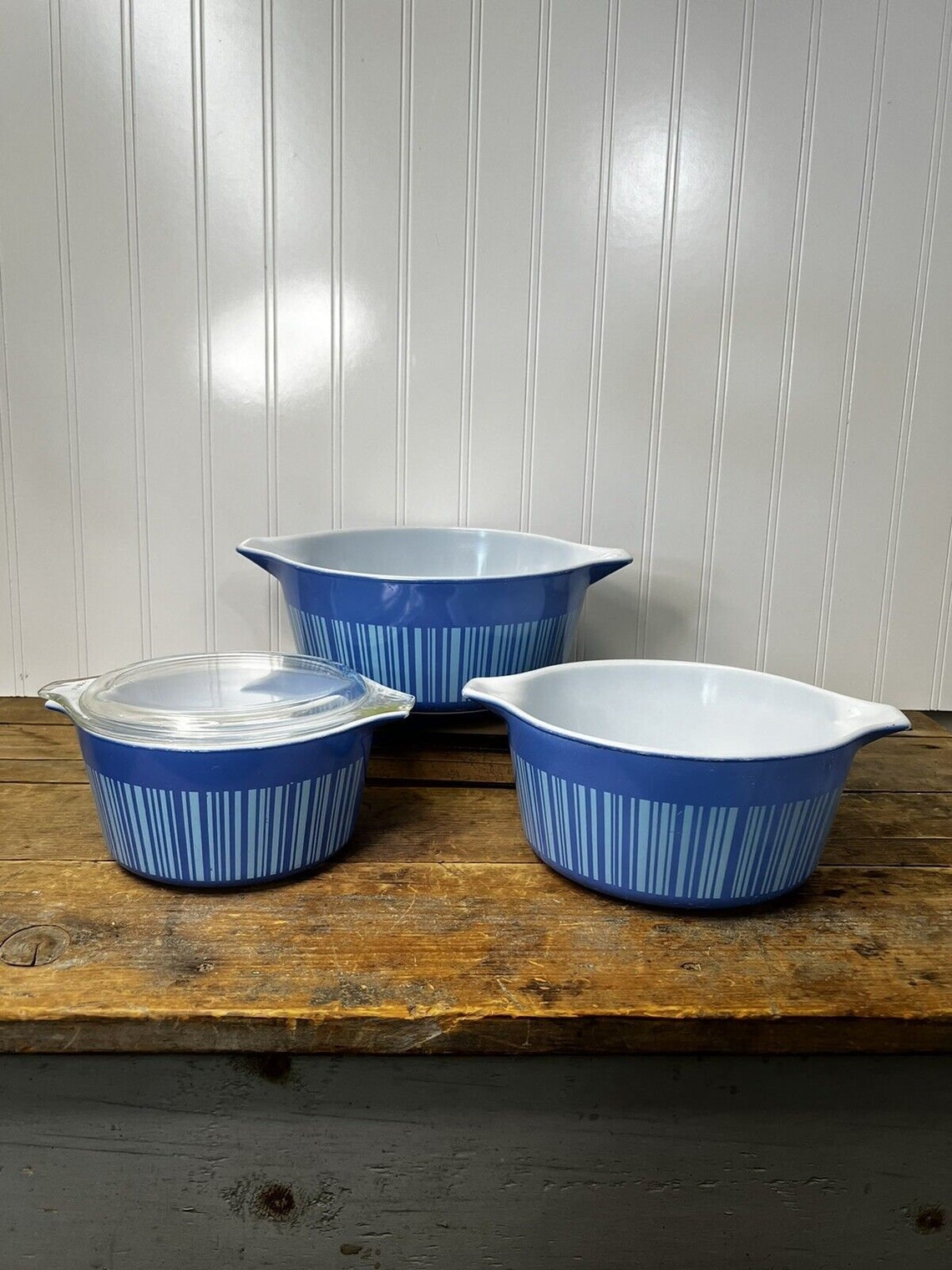 Vintage Pyrex Barcode Blue Stripes MCM 475 474 473 Casserole Dish With ...