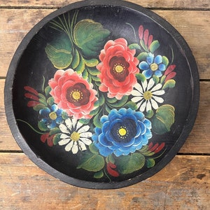 Vintage Hand Painted Floral Bowl / Hand Carved Wood Bowl