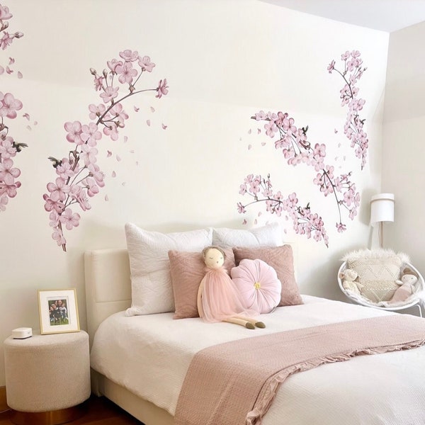 Große Sakura Wandaufkleber, Kirschblüten Wandaufkleber, Pastell Rosa Blumen Aufkleber, Wohnzimmer Aufkleber, Schlafzimmer Blumen Aufkleber