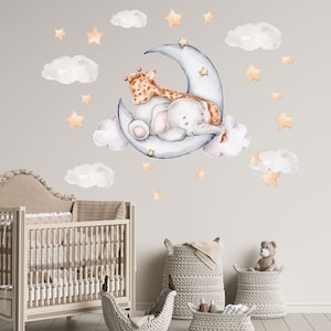 Elephant and Giraffe on the Moon Nursery Wall Decal, Safari Animals Wall Sticker, Watercolor Murals, Baby Nursery Decals Set Kids Wall Decal zdjęcie 1