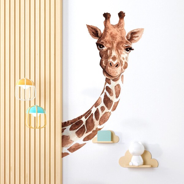 Sticker mural girafe furtive, Sticker girafe cachée pour porte, Stickers animaux adorables pour porte, Stickers aquarelle pour chambre d'enfant