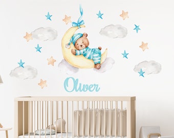 Teddy Bear Nursery Wall Decal - Sleeping Bear Cub on Moon Wall Art for Baby Boy Room in Various Sizes | Cute Animal Decor for Boys Toddlers