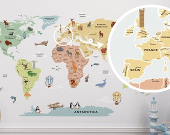 Calcomanías de guardería de mapas del mundo, pegatina de pared de mapa del mundo con capitales, pegatinas de mapas del mundo grandes, calcomanías de guardería extraíbles y reutilizables