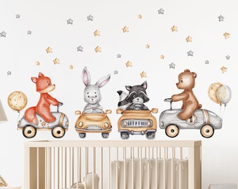 Interior Nursery Wall Decals | Woodland Animals Cars | Watercolor Animals | Wall Decals For Kids | Bunny Wall Decals | Fox Murals