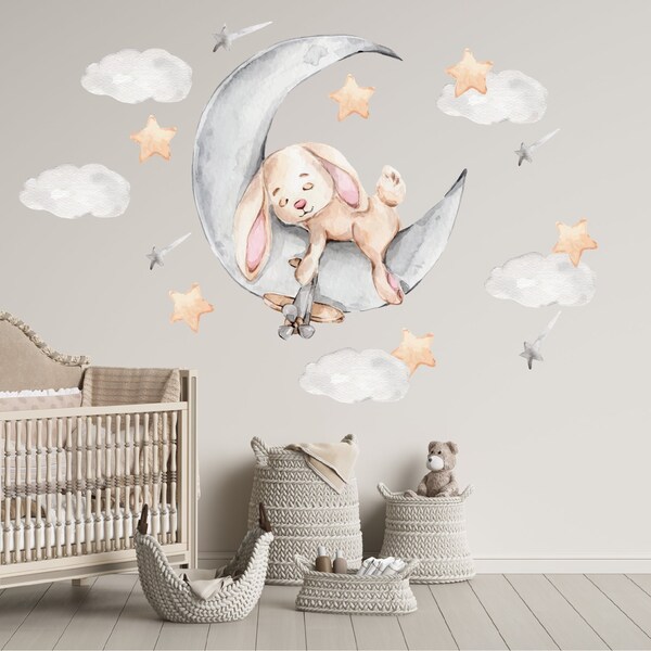 Bunny On The Moon Nursery Wall Decal, Bunny Wall Decal, Forest Animals Wall Stickers, Baby Girl Nursery Decor, Kids Wall Decor