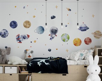 Calcomanía de pared de guardería espacial de acuarela, pegatina de pared del universo, murales del sistema solar de acuarela, calcomanías de guardería para bebés, calcomanías de pared para niños