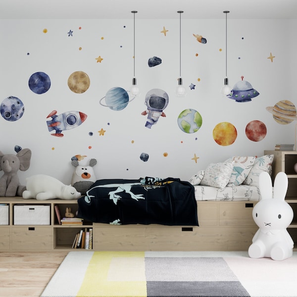 Watercolor Space Nursery Wall Decal, Universe Wall Sticker, Watercolor Solar System Murals, Baby Nursery Decals Set Kids Wall Decal