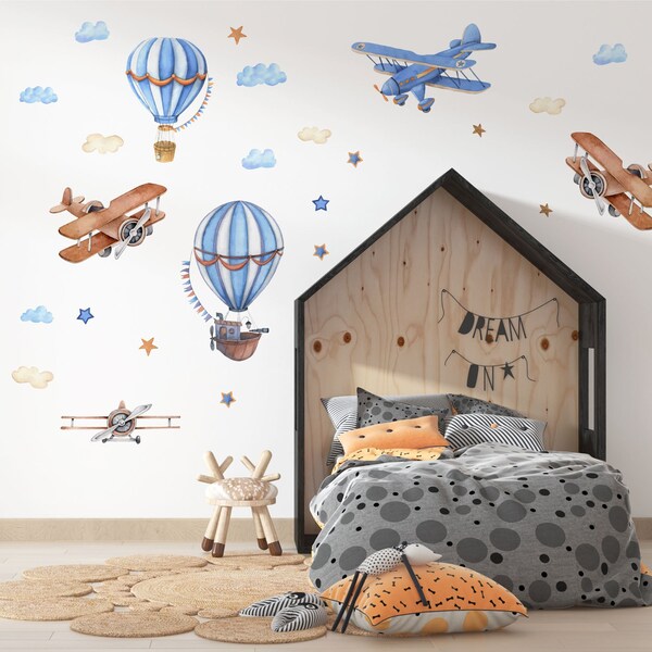 Airplane Wall Decals for Boys, Hot Air Ballon Nursery Decal, Peel and Stick Nursery Decal, Large Watercolour Nursery Decal