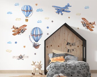 Calcomanías de pared de avión para niños, calcomanía de vivero de globos aerostáticos, calcomanía de vivero de pelar y pegar, calcomanía de vivero de acuarela grande