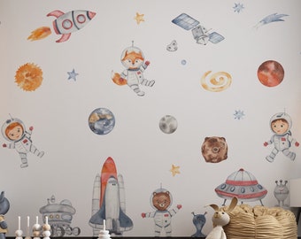 Space Adventure Wall Decal, Watercolor Space Nursery Wall Decal, Universe Wall Sticker, Baby Nursery Decals Set Kids Wall Decal