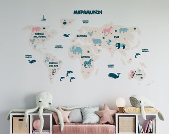 Fancy World Map, World Map in Different Languages Wall Decals, Large World Map Stickers, Removable and Reusable Nursery Decals