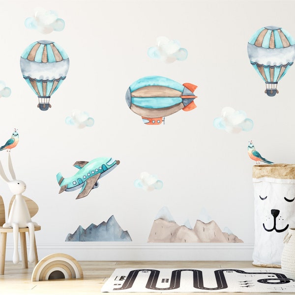 Zeppelin Nursery Wall Decals, Plane Wall Stickers, Hot Air Balloon Wall Decals, Boys Nursery Wall Decals, Kids Decals, Removable Sticker